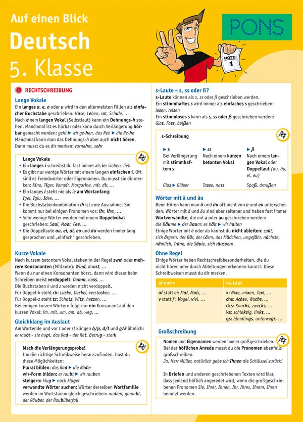 PONS Deutsch 5. Klasse auf einen Blick: Die kompakte Übersicht für das ganze Schuljahr. 6 Seiten laminiert zum Aufklappen